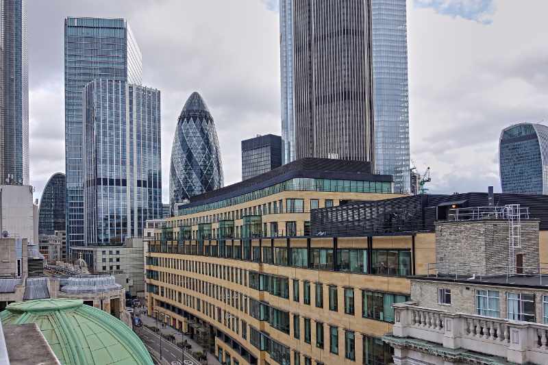Buildings in Central London, mostly with clad facades.